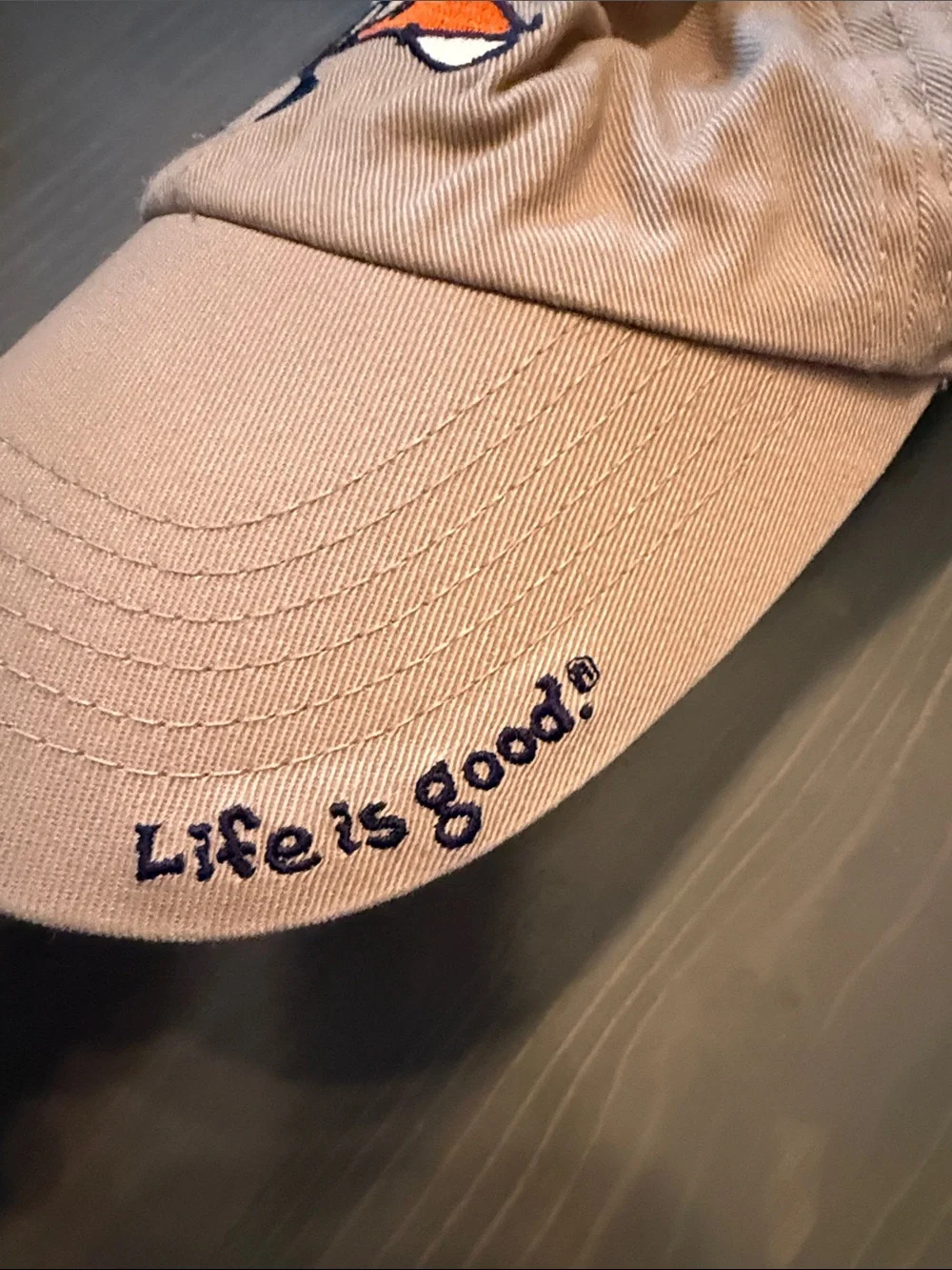 Life is Good Embroidered Kayak Baseball Cap - Tan with Orange Accent